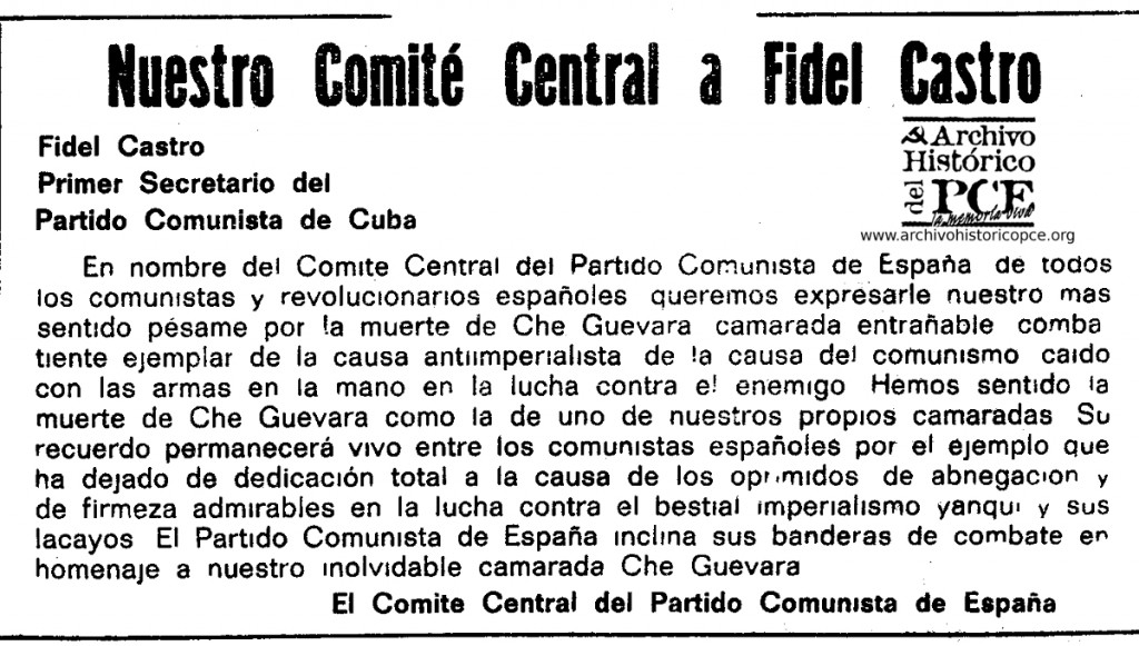 Nota del Comité Central del Partido Comunista de España a Fidel Castro. Mundo Obrero, octubre 1967